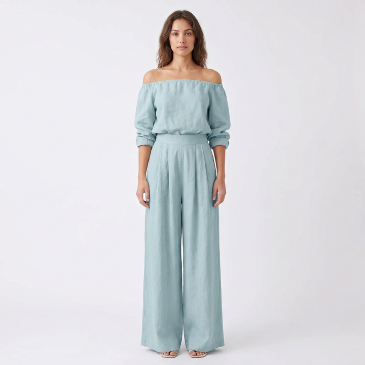 Linen Set - Off Shoulder Top and Wide Leg Pants