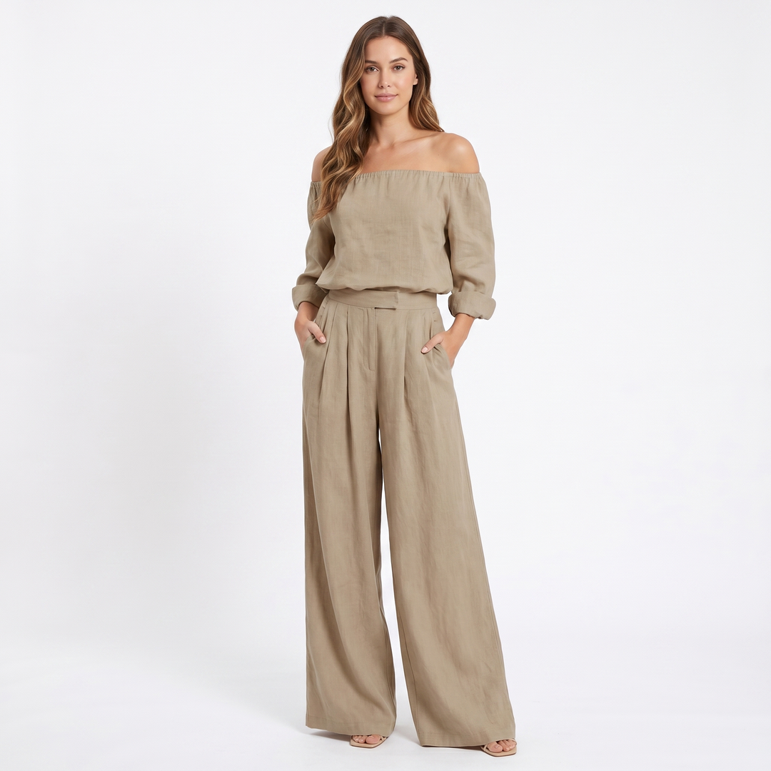 Linen Set - Off Shoulder Top and Wide Leg Pants