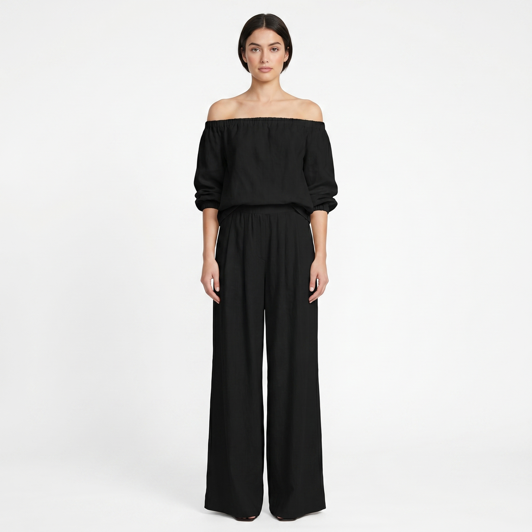 Linen Set - Off Shoulder Top and Wide Leg Pants