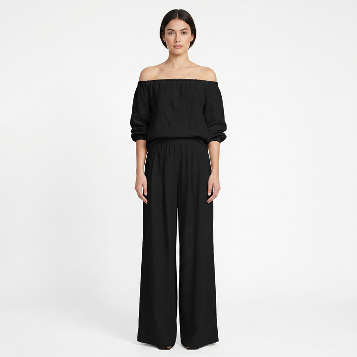 Linen Set - Off Shoulder Top and Wide Leg Pants
