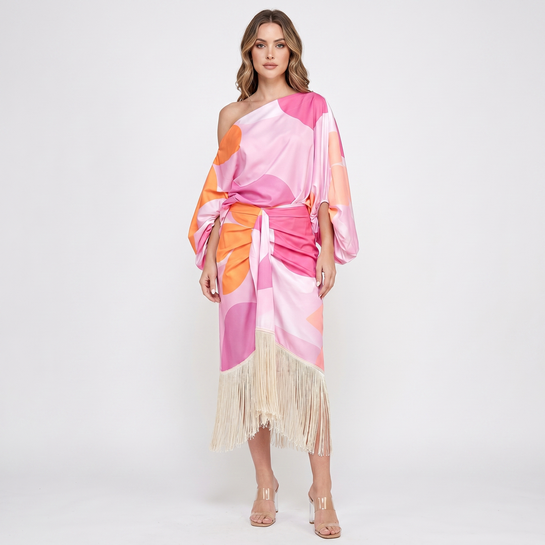 Midi Set - One Shoulder Top and Fringe Skirt