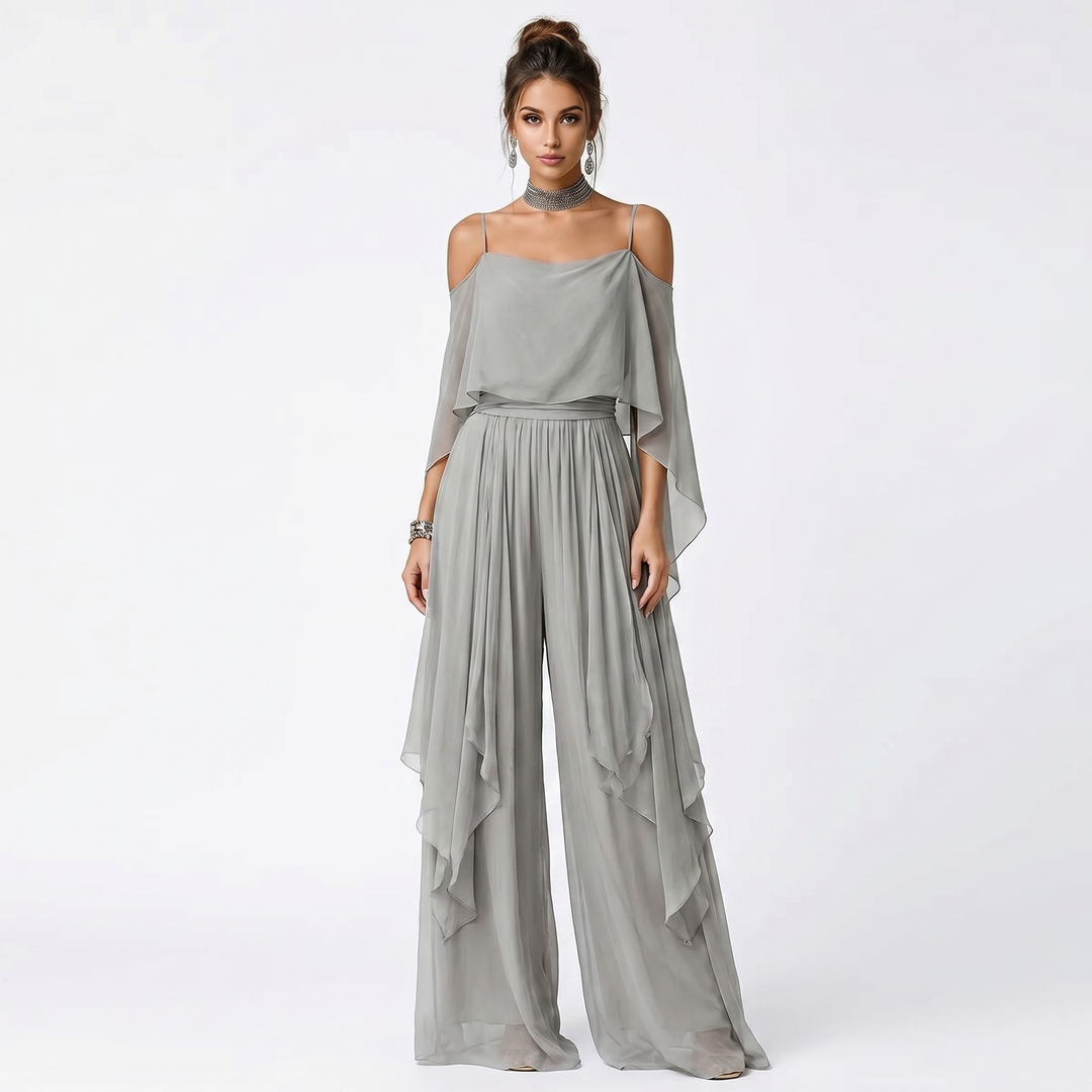 Elegant Shoulder Jumpsuit - Wide Leg Draped Maxi