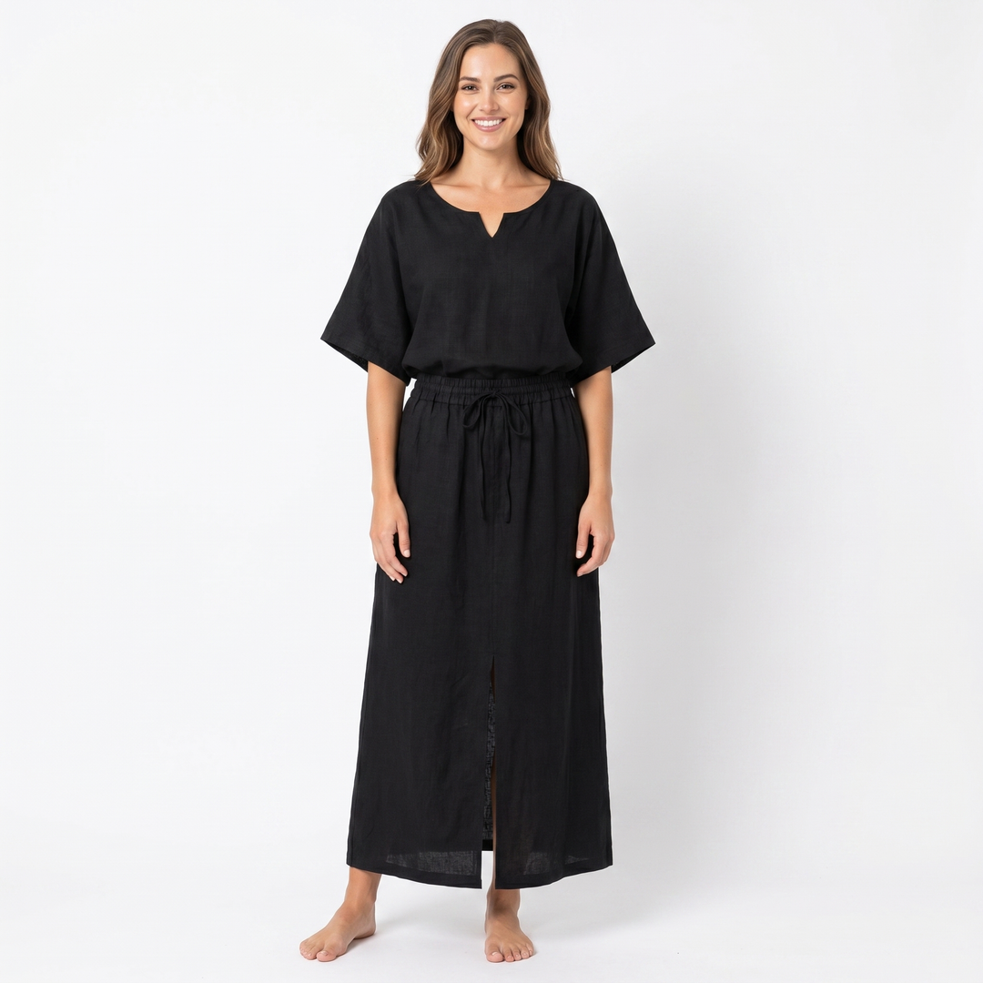 Linen Midi Dress - Drawstring Waist Notch Neck