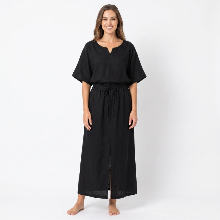 Linen Midi Dress - Drawstring Waist Notch Neck