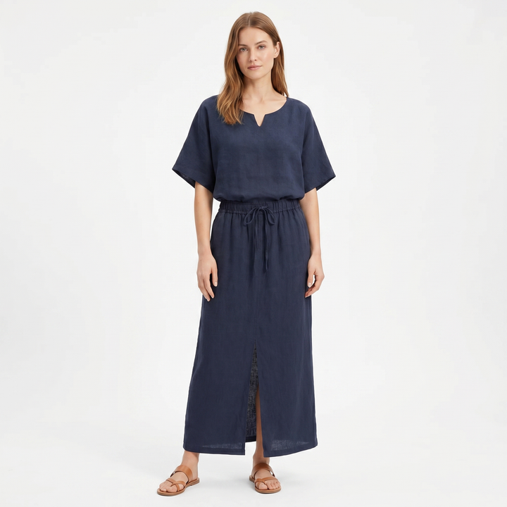 Linen Midi Dress - Drawstring Waist Notch Neck