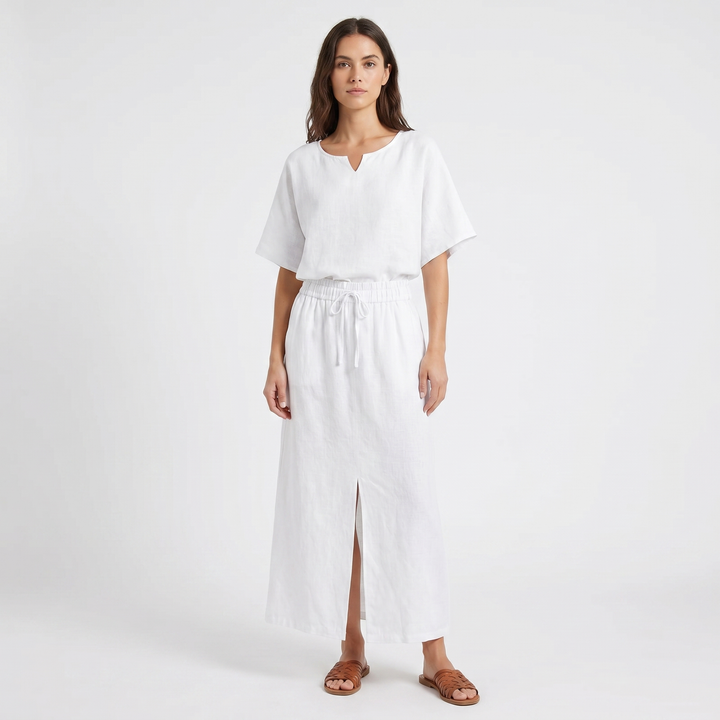 Linen Midi Dress - Drawstring Waist Notch Neck