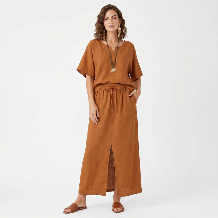 Linen Midi Dress - Drawstring Waist Notch Neck