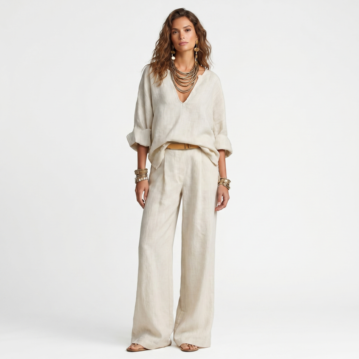 Casual Set - V Neck Top and Wide Leg Pants