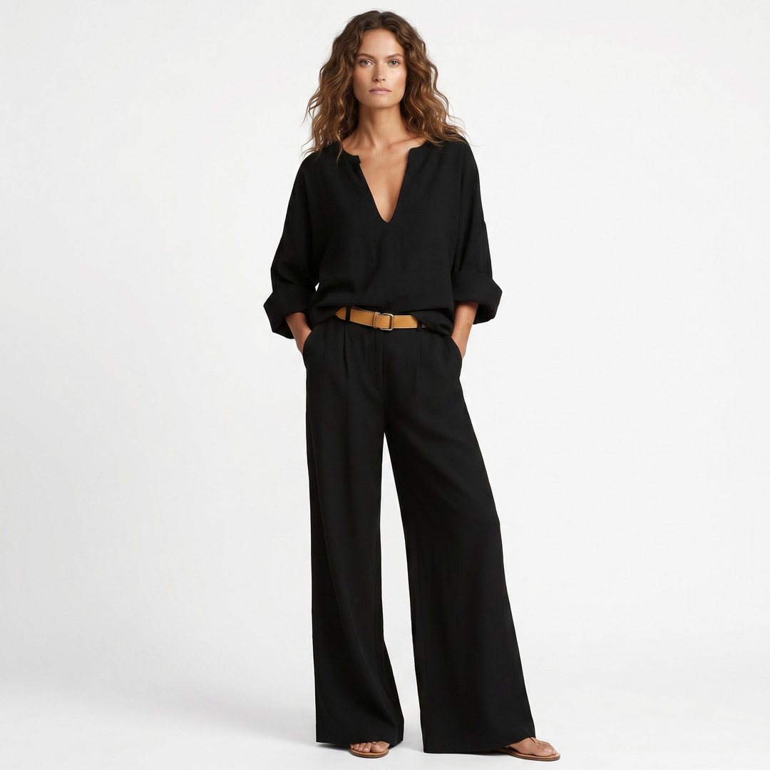 Casual Set - V Neck Top and Wide Leg Pants