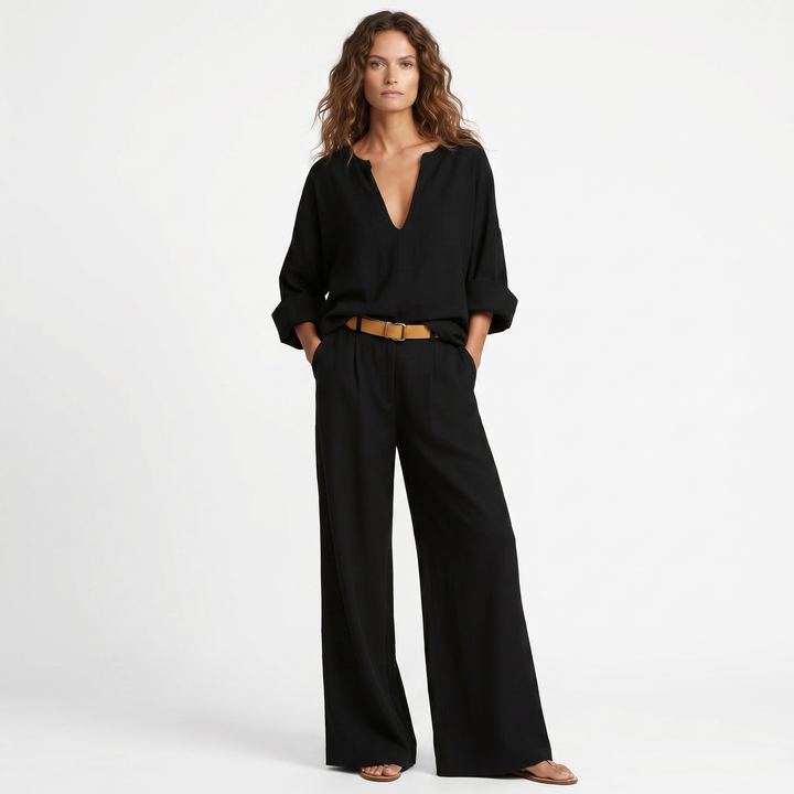 Casual Set - V Neck Top and Wide Leg Pants
