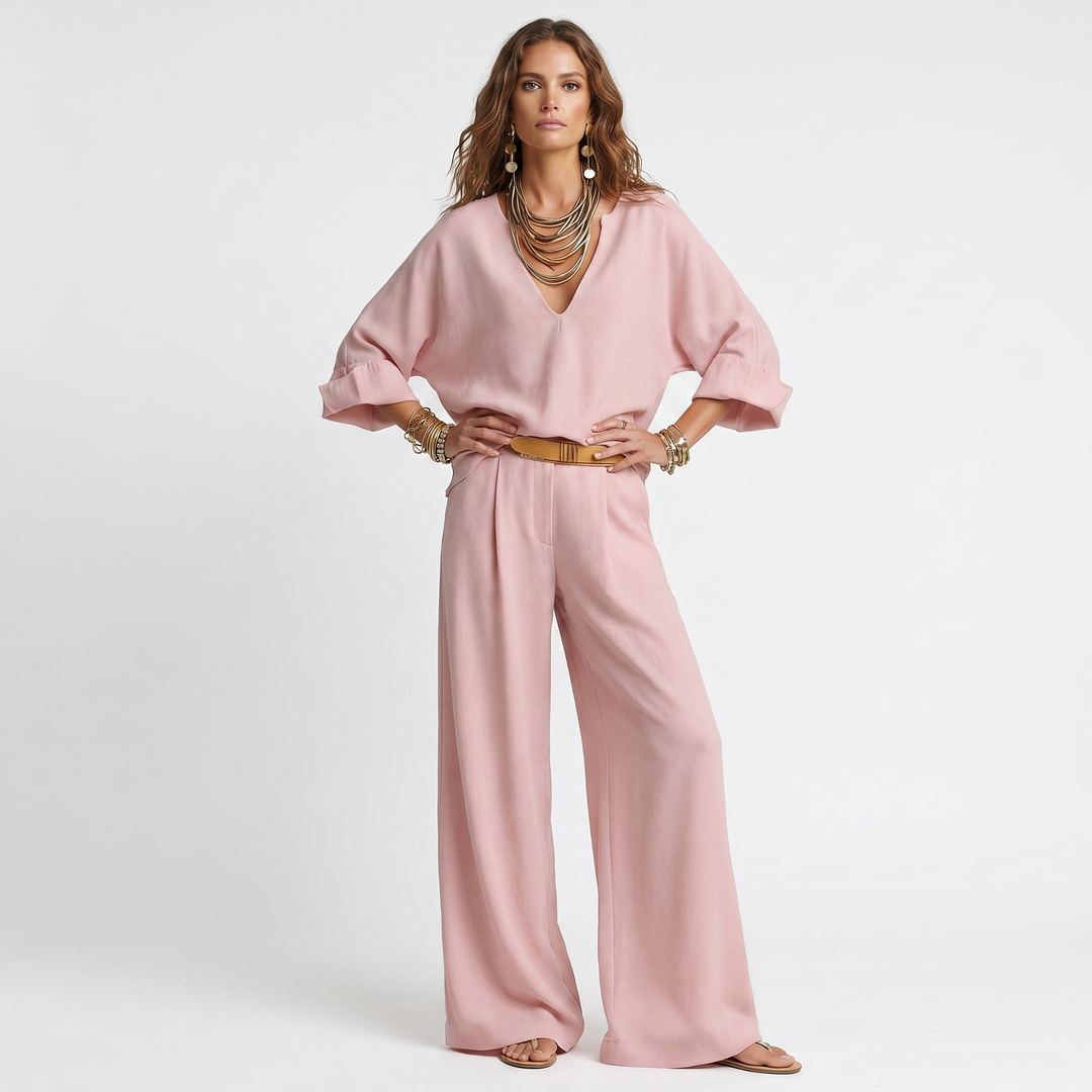 Casual Set - V Neck Top and Wide Leg Pants