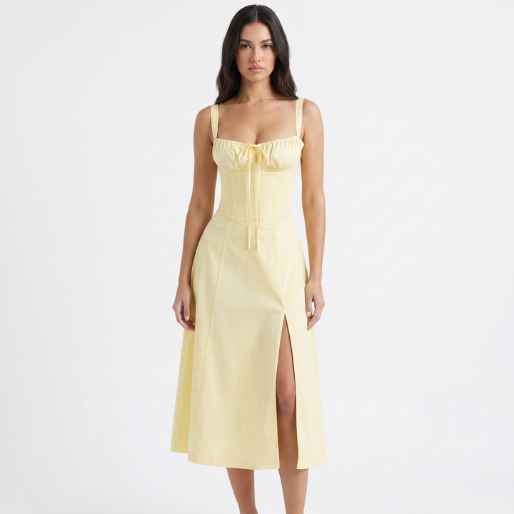 Corset Midi Dress - Bustier Bodice Side Slit