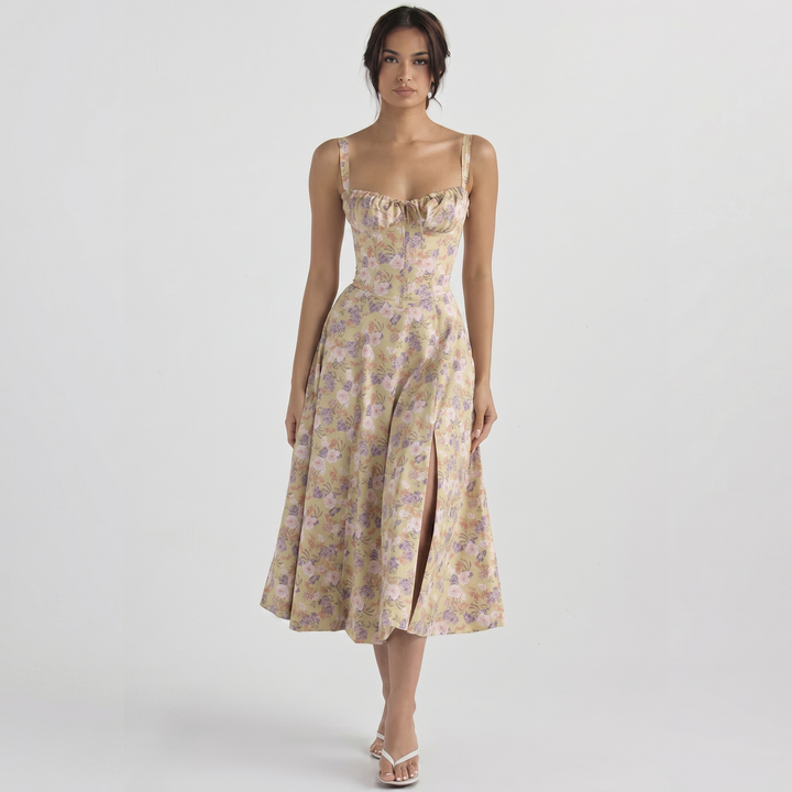 Corset Midi Dress - Bustier Bodice Side Slit