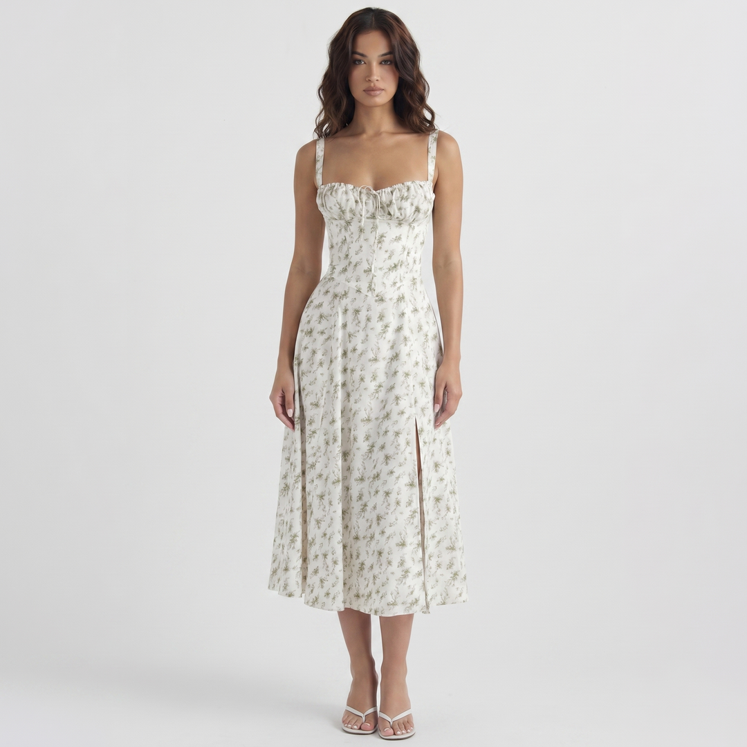 Corset Midi Dress - Bustier Bodice Side Slit