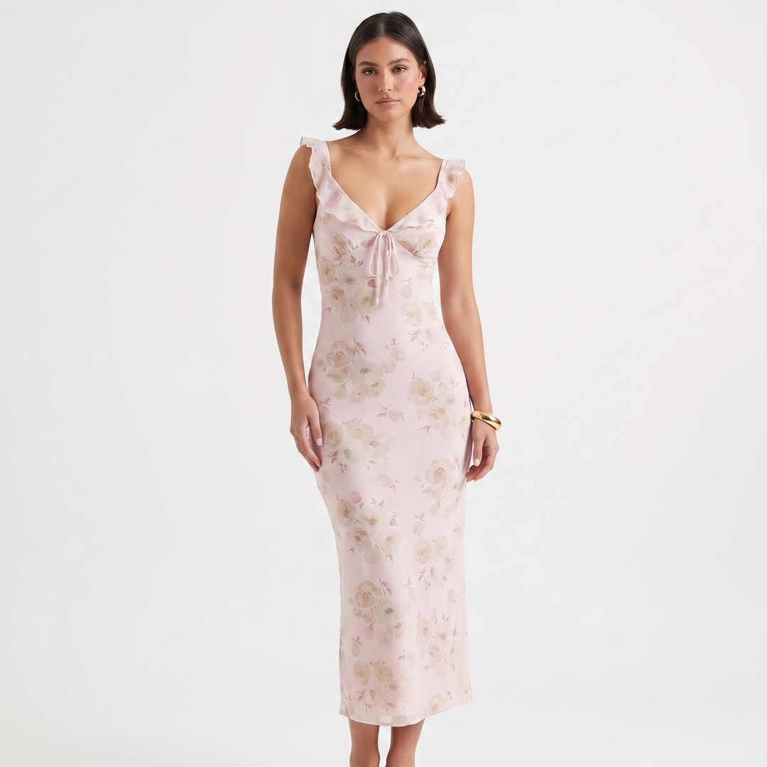 Floral Maxi Dress - Ruffle Strap Bias Cut