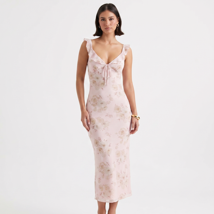 Floral Maxi Dress - Ruffle Strap Bias Cut