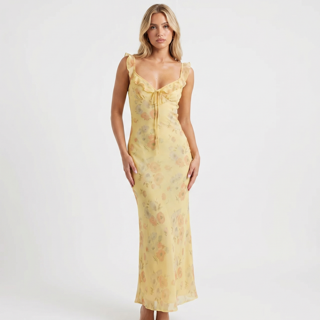 Floral Maxi Dress - Ruffle Strap Bias Cut