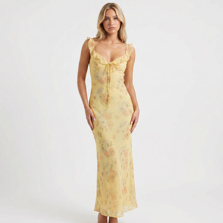 Floral Maxi Dress - Ruffle Strap Bias Cut