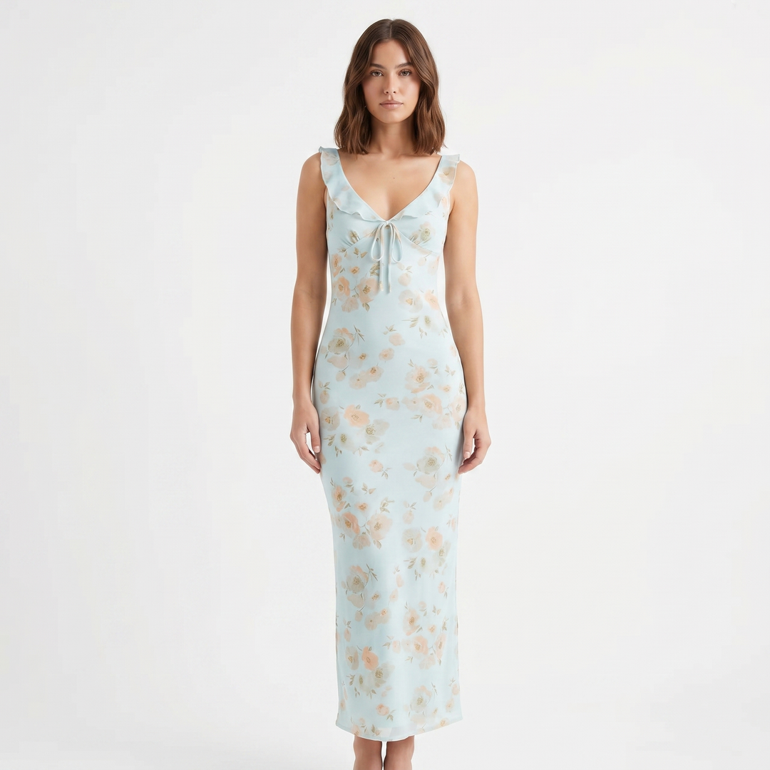 Floral Maxi Dress - Ruffle Strap Bias Cut