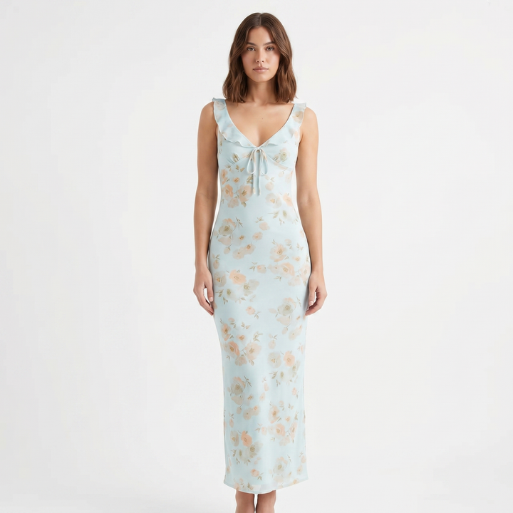 Floral Maxi Dress - Ruffle Strap Bias Cut