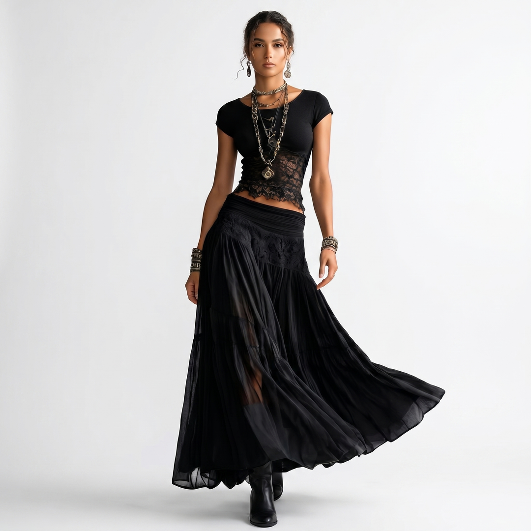 Boho Set - Fitted Top and Tiered Maxi Skirt