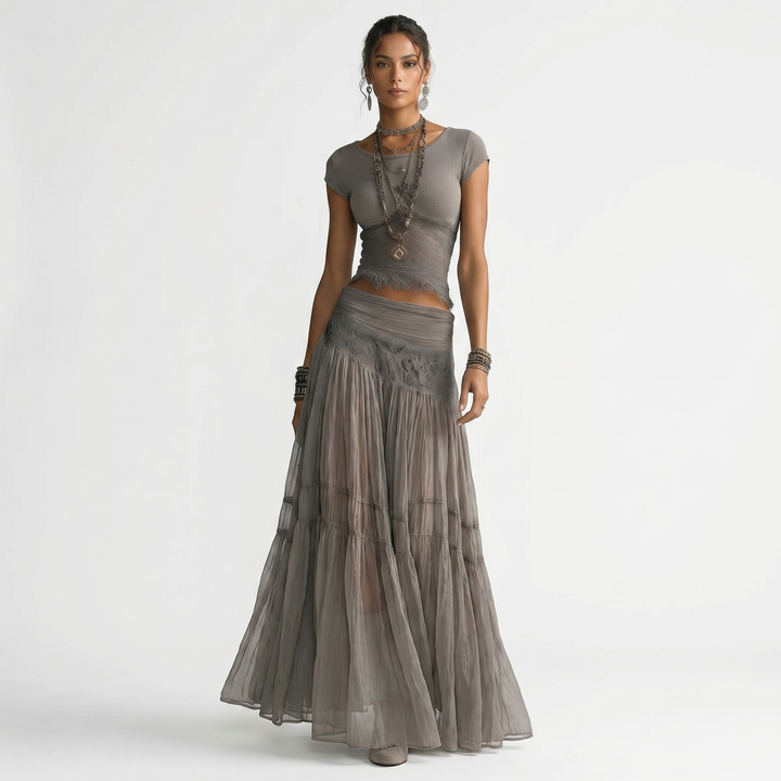 Boho Set - Fitted Top and Tiered Maxi Skirt