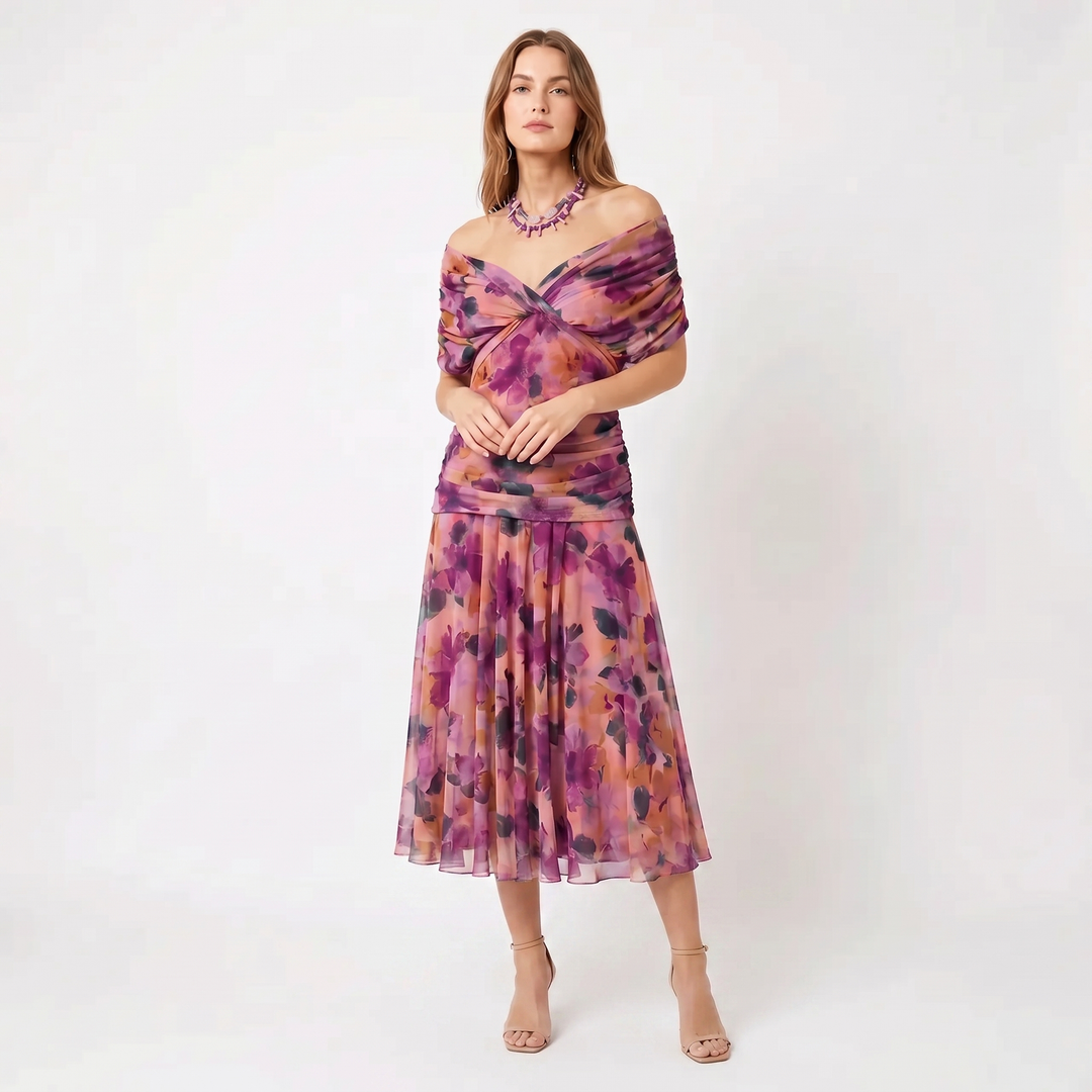 Chiffon Midi Dress - V Neck Ruched Fit and Flare