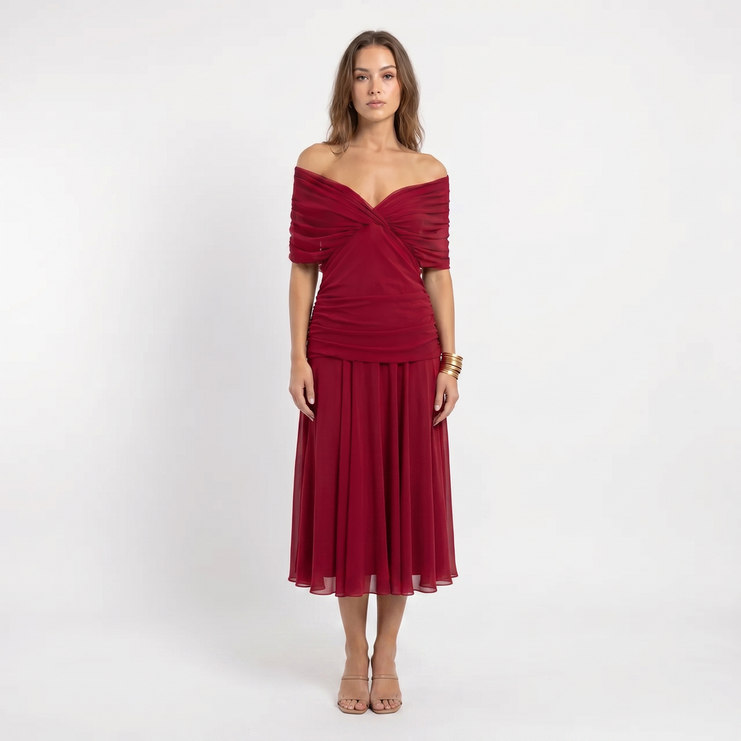 Chiffon Midi Dress - V Neck Ruched Fit and Flare