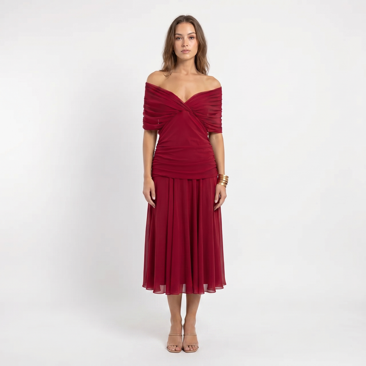 Chiffon Midi Dress - V Neck Ruched Fit and Flare