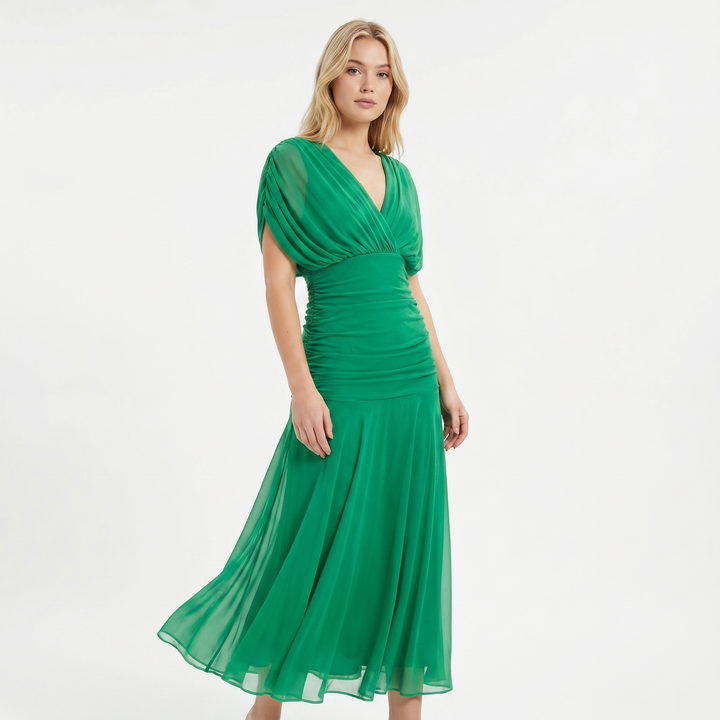 Chiffon Midi Dress - V Neck Ruched Fit and Flare