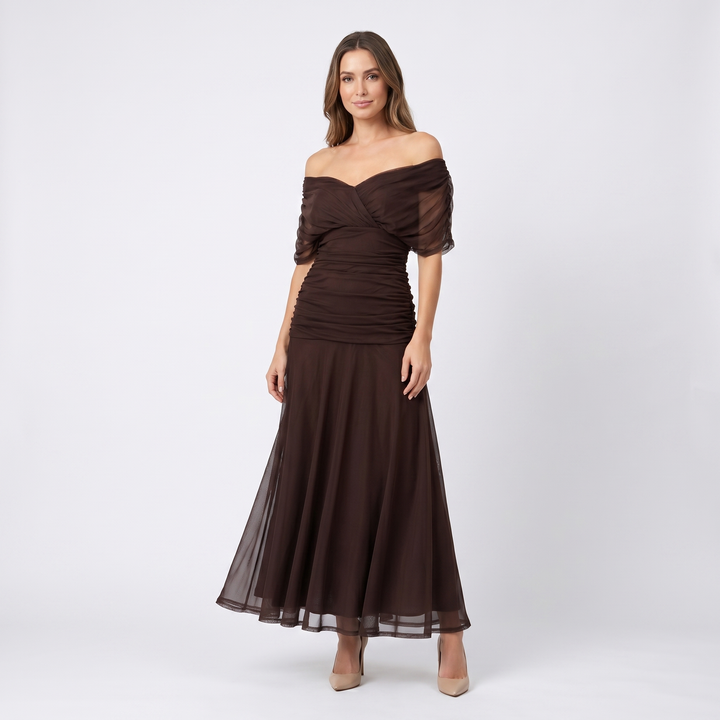 Chiffon Midi Dress - V Neck Ruched Fit and Flare
