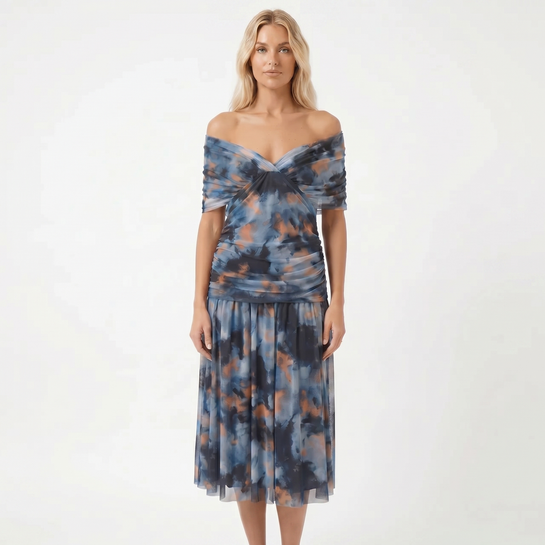 Chiffon Midi Dress - V Neck Ruched Fit and Flare