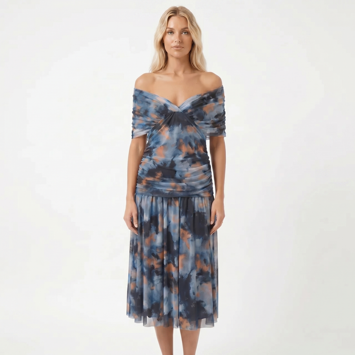 Chiffon Midi Dress - V Neck Ruched Fit and Flare