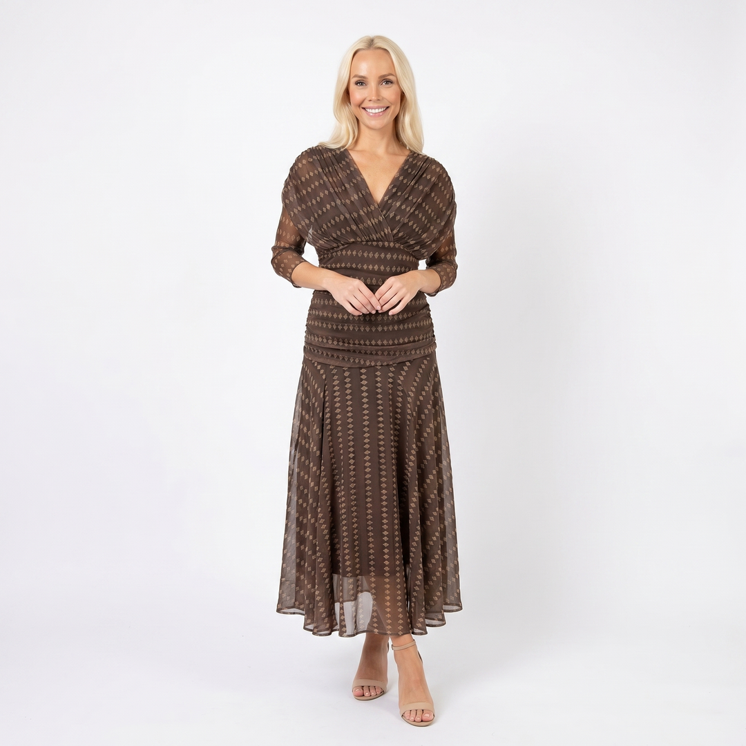 Chiffon Midi Dress - V Neck Ruched Fit and Flare