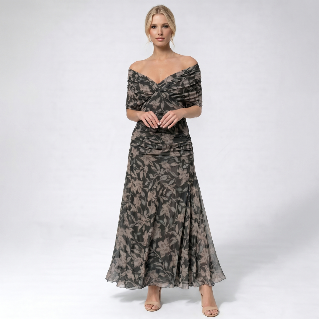 Chiffon Midi Dress - V Neck Ruched Fit and Flare