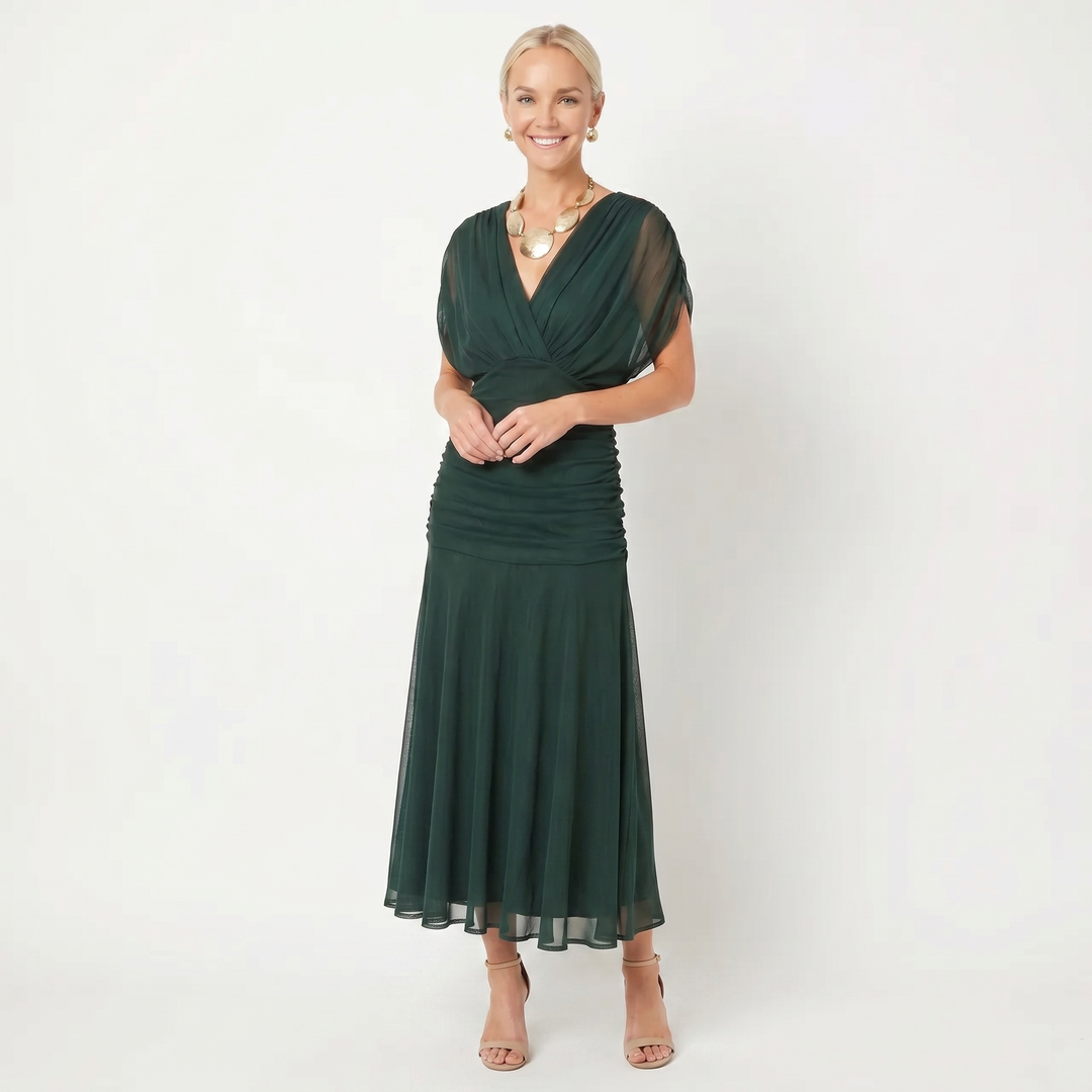 Chiffon Midi Dress - V Neck Ruched Fit and Flare