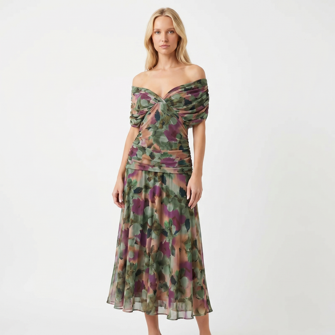 Chiffon Midi Dress - V Neck Ruched Fit and Flare
