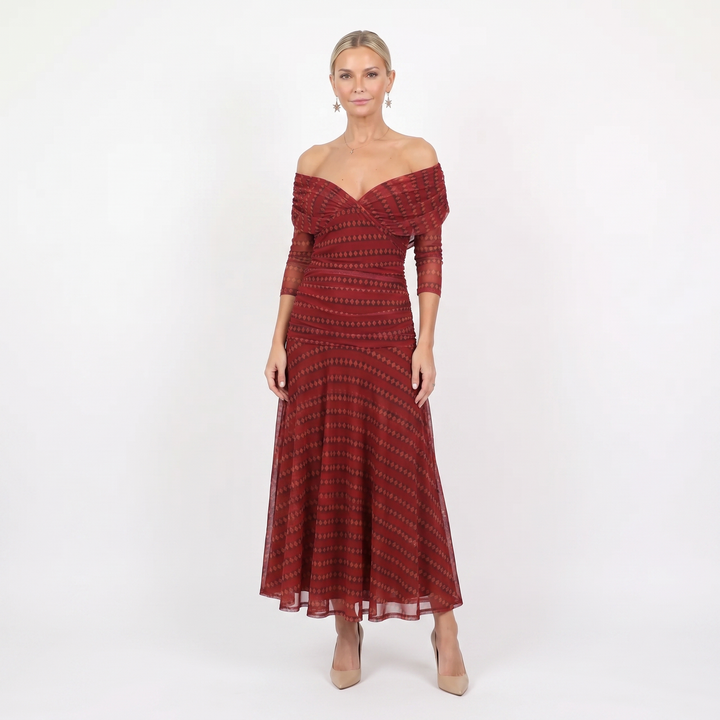 Chiffon Midi Dress - V Neck Ruched Fit and Flare
