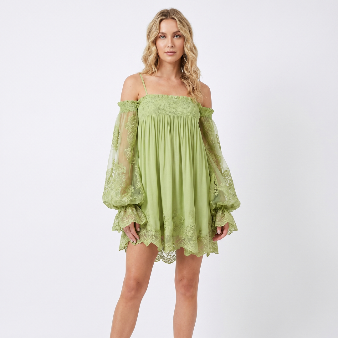 Boho Mini Dress - Off Shoulder Lace Trim Balloon Sleeve