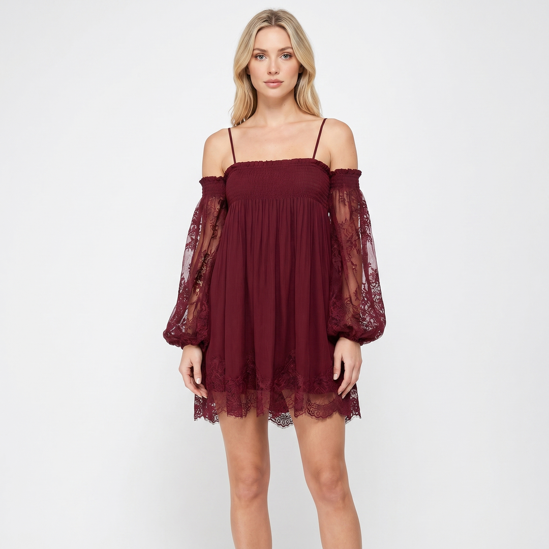 Boho Mini Dress - Off Shoulder Lace Trim Balloon Sleeve