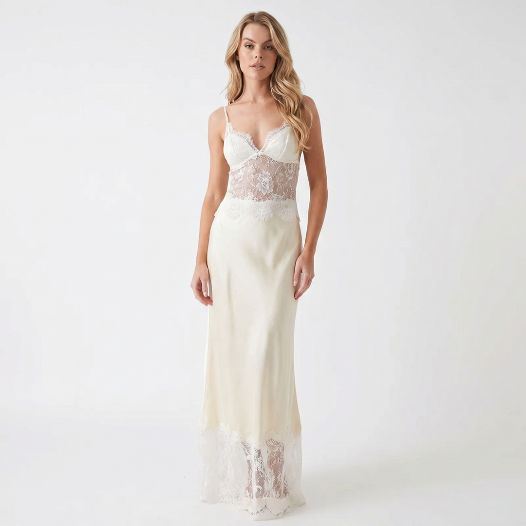 Slip Dress - Lace Trim V Neck Maxi