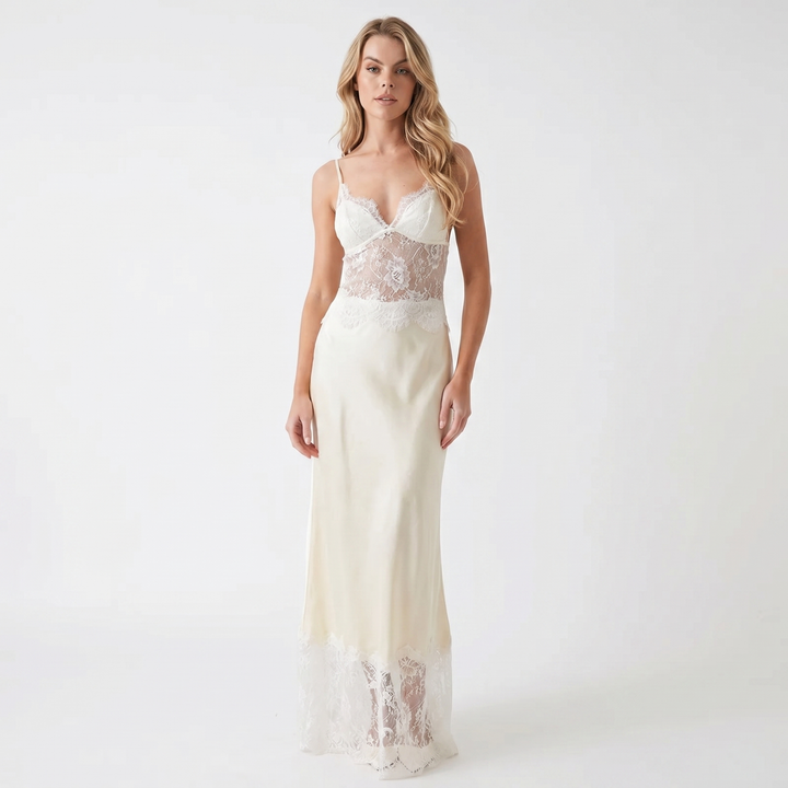 Slip Dress - Lace Trim V Neck Maxi
