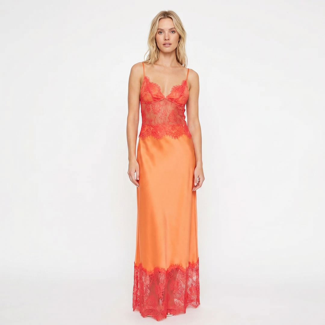Slip Dress - Lace Trim V Neck Maxi