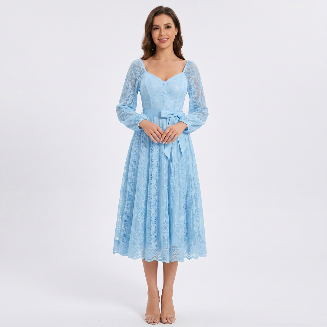 Lace Midi Dress - Sweetheart Neck Long Sleeve