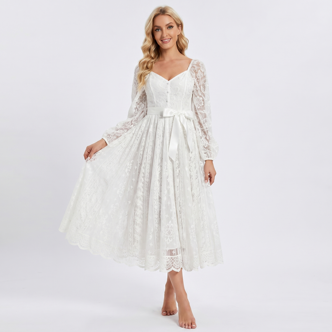 Lace Midi Dress - Sweetheart Neck Long Sleeve