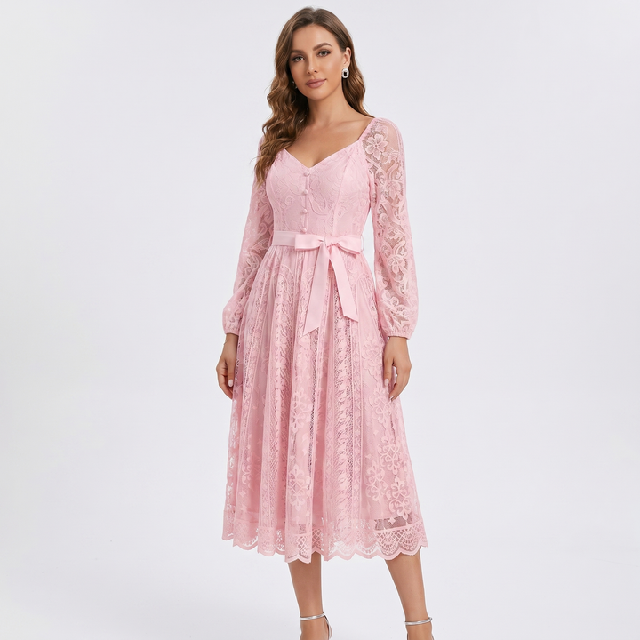 Lace Midi Dress - Sweetheart Neck Long Sleeve