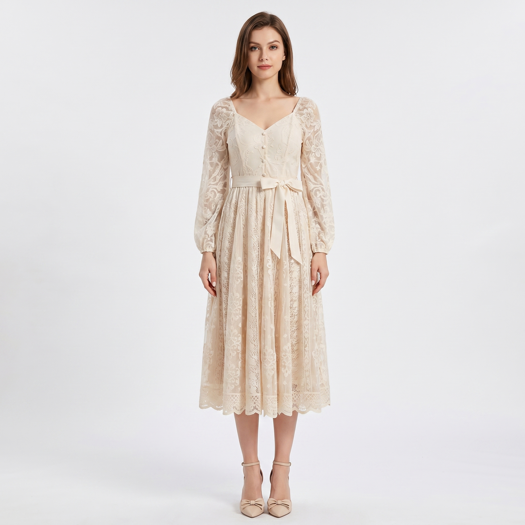 Lace Midi Dress - Sweetheart Neck Long Sleeve