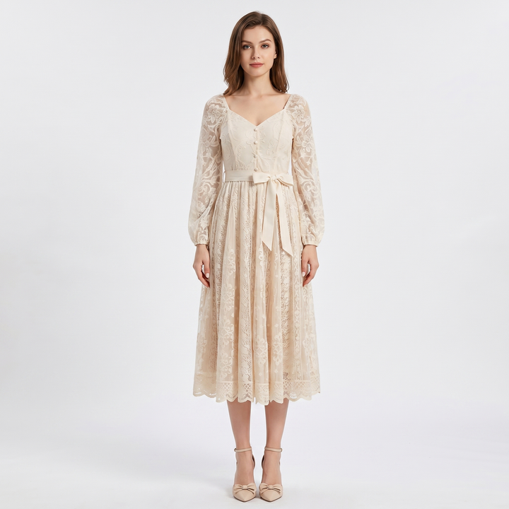 Lace Midi Dress - Sweetheart Neck Long Sleeve