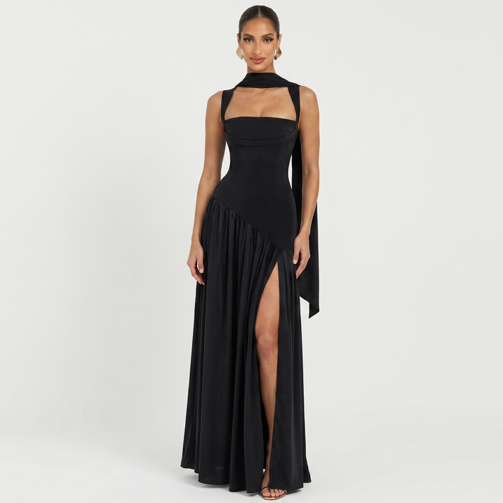 Maxi Dress - Square Neck High Slit Bodycon