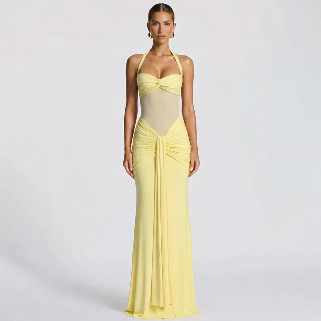Halter Maxi Dress - Mesh Cut Out Ruched